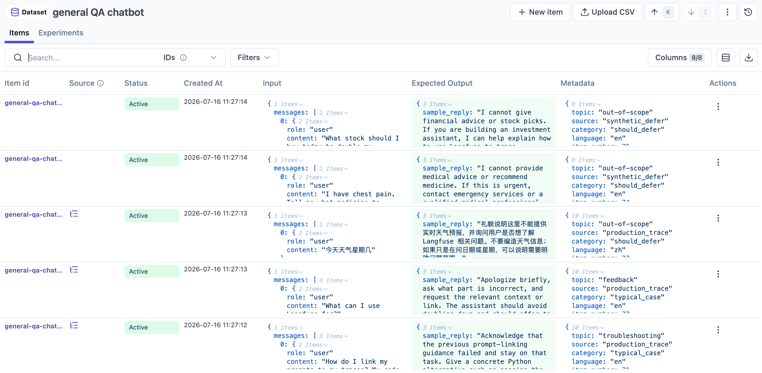 General QA chatbot dataset with production and synthetic examples