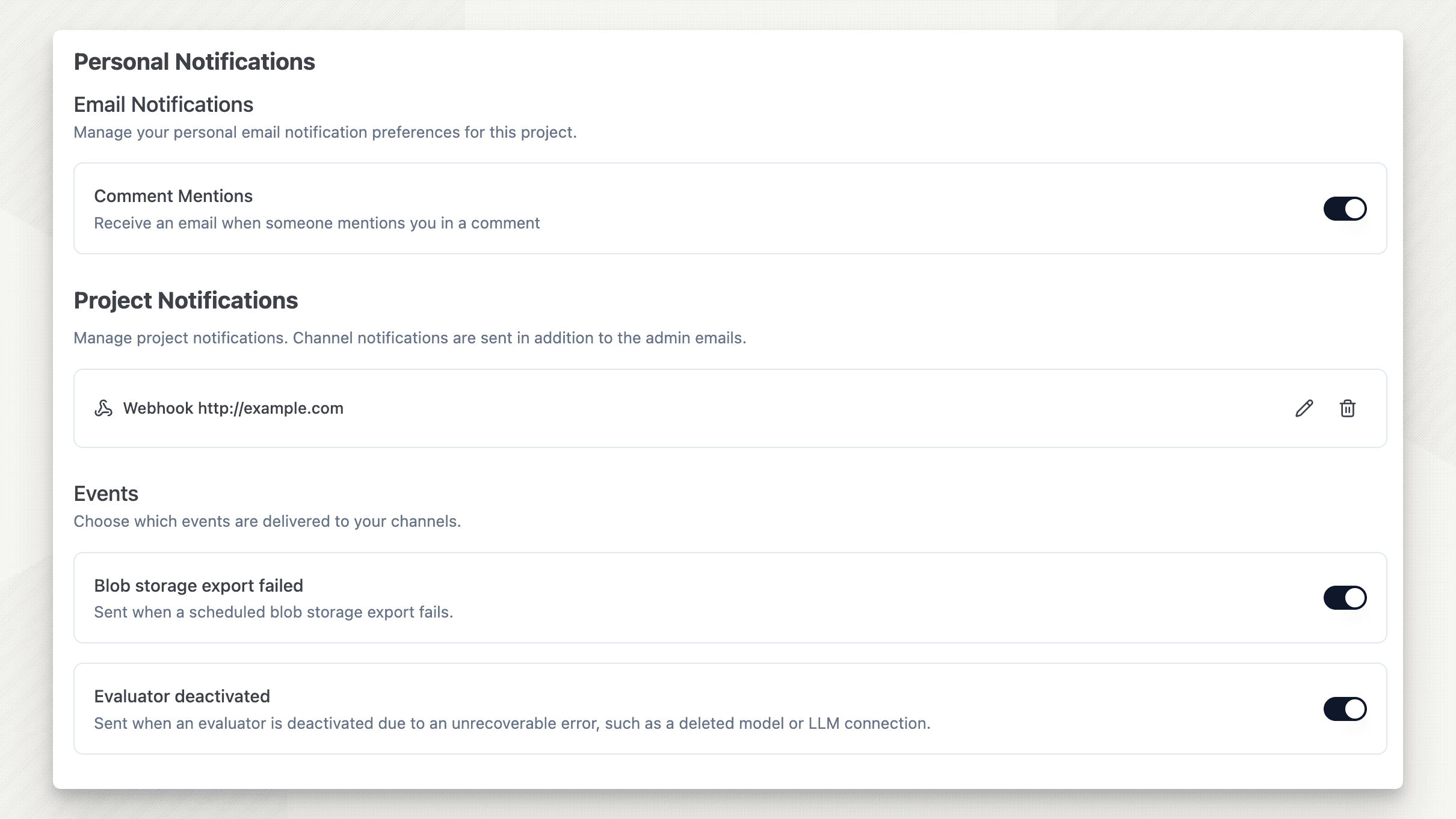 Route project notifications to Slack or webhooks