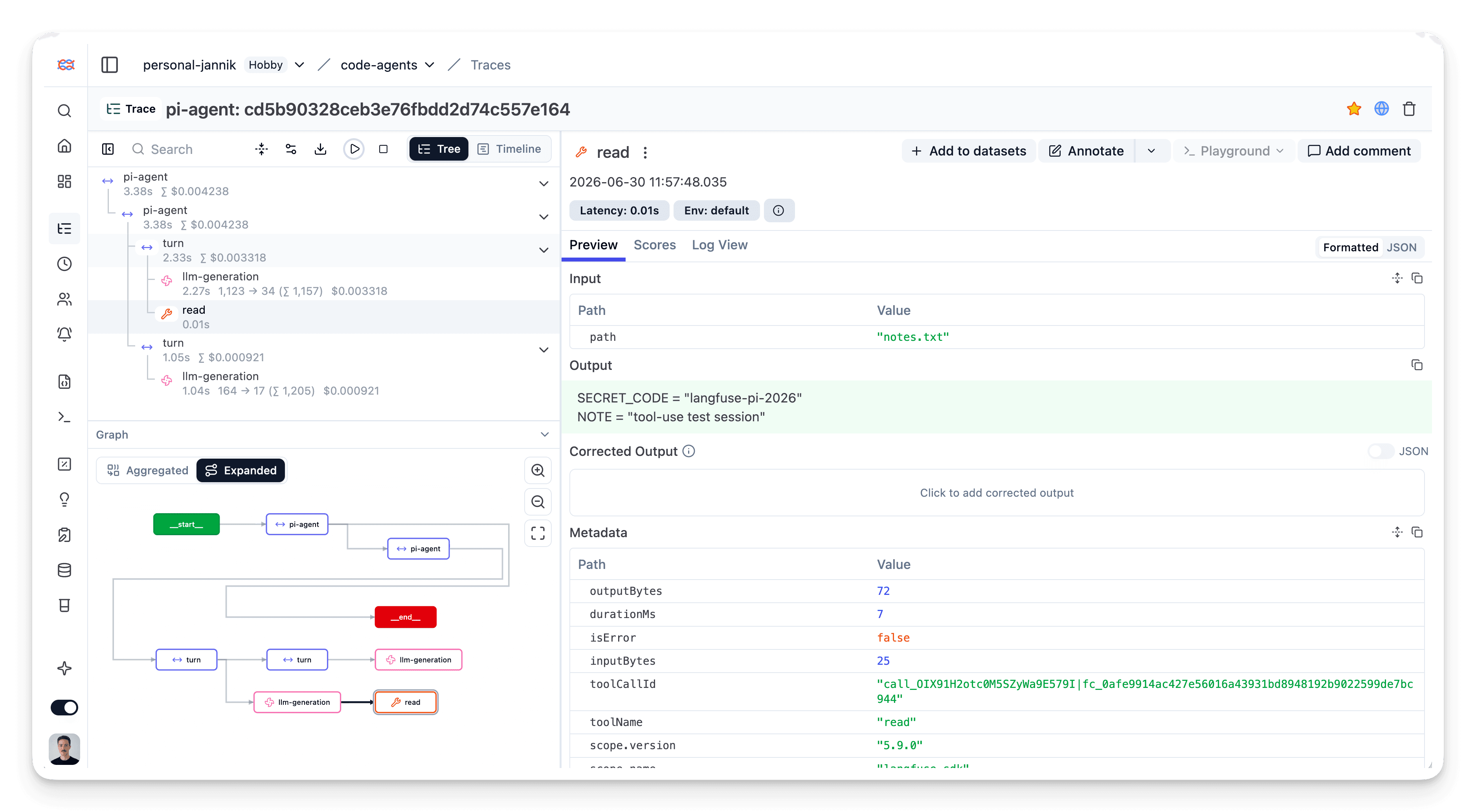 Example Pi Agent trace in Langfuse showing the agent root, model generations, and a read tool call with its input and output