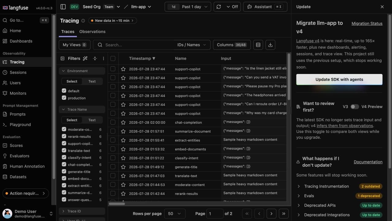 The v4 migration panel showing outdated tracing instrumentation, one deprecated evaluator, and up-to-date API and integration checks