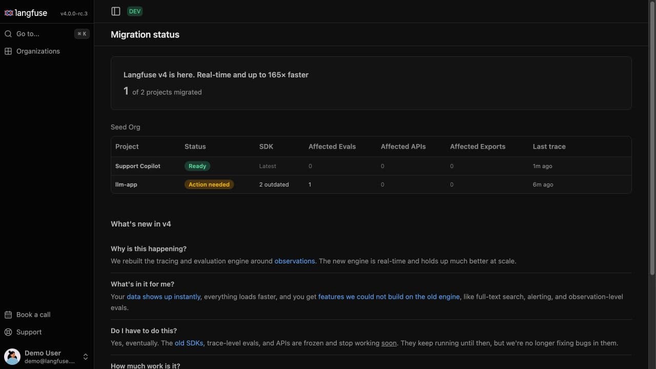 The v4 migration status page showing one of two projects migrated and the affected features for the remaining project