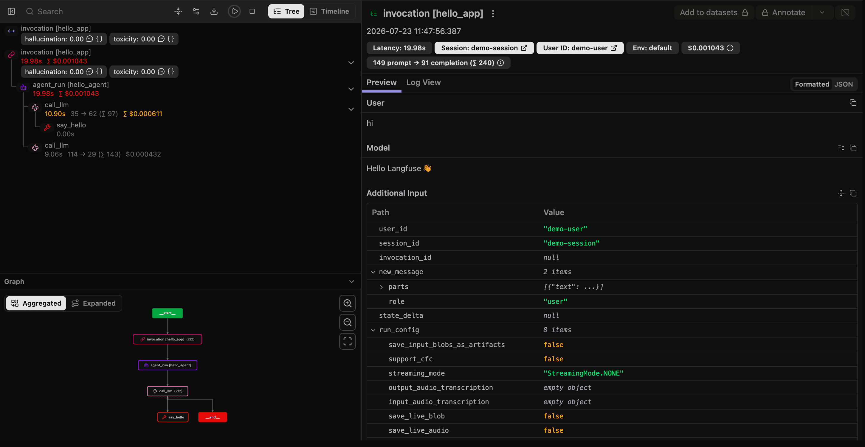 Google ADK example trace in Langfuse