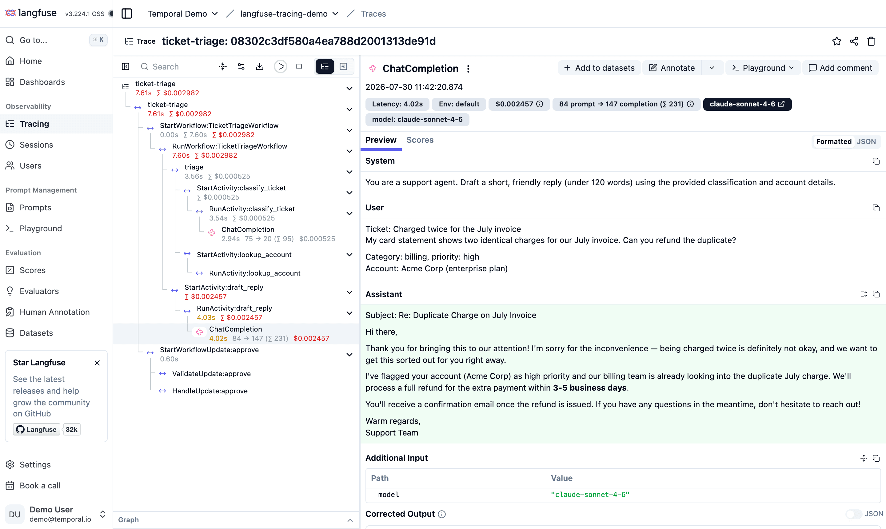 Example trace in Langfuse