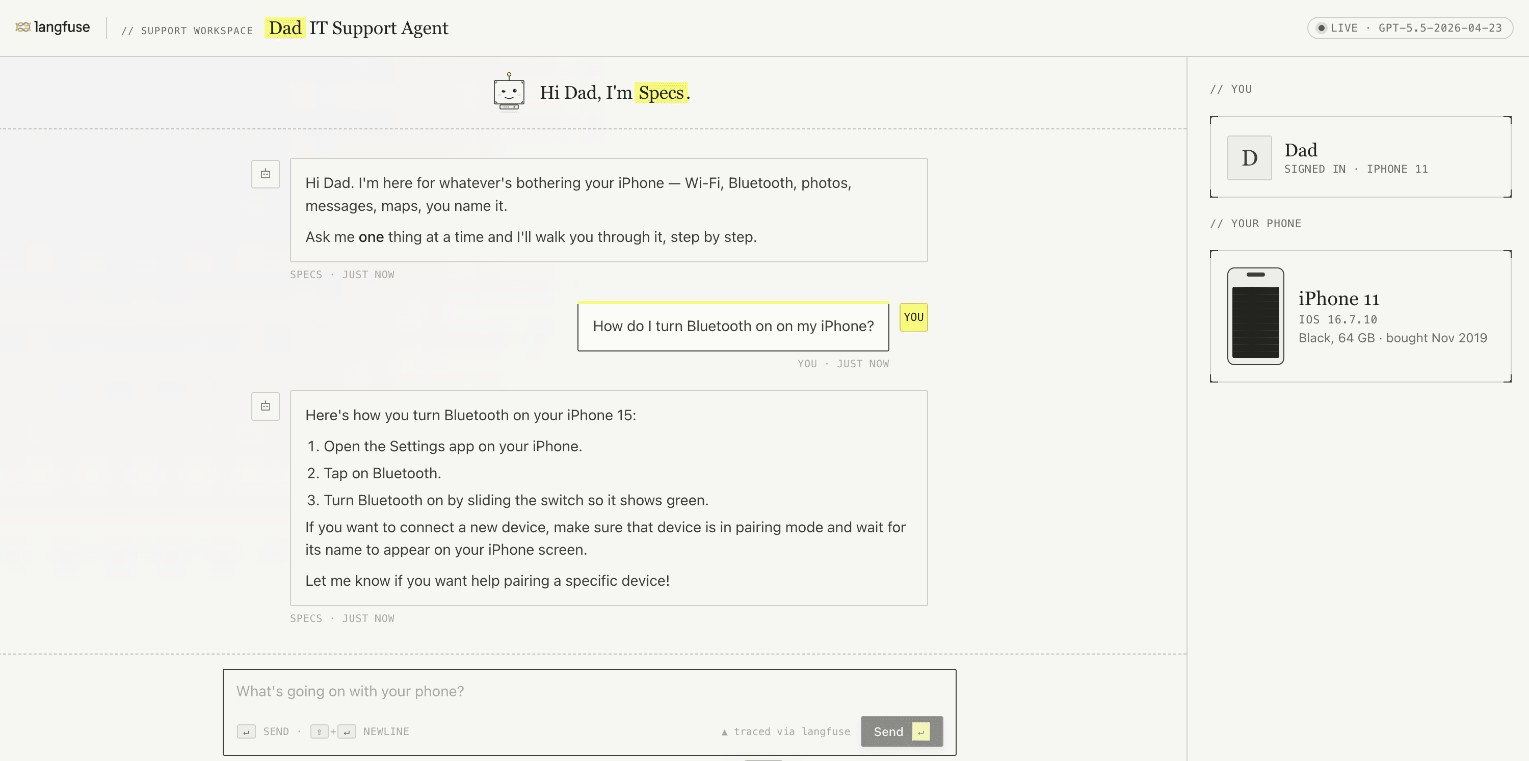 The Dad IT Support Agent sample app: Specs greeting Dad, suggestion chips, and the iPhone side panel.